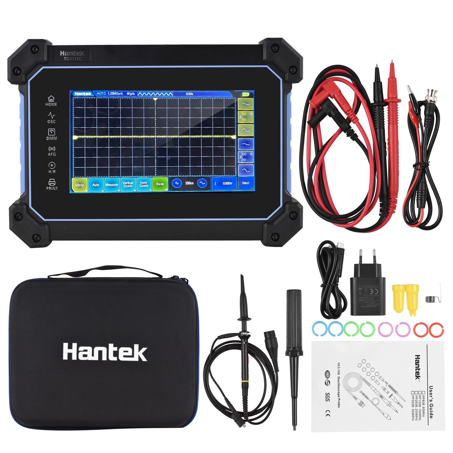 Rechargeable Hantek TO1112C 2-Channel Oscilloscope Multimeter, 110MHz Bandwidth, 250MSa/S Sampling, 8M Depth, 7-inch LCD, Waveform Generator with Tool Bag