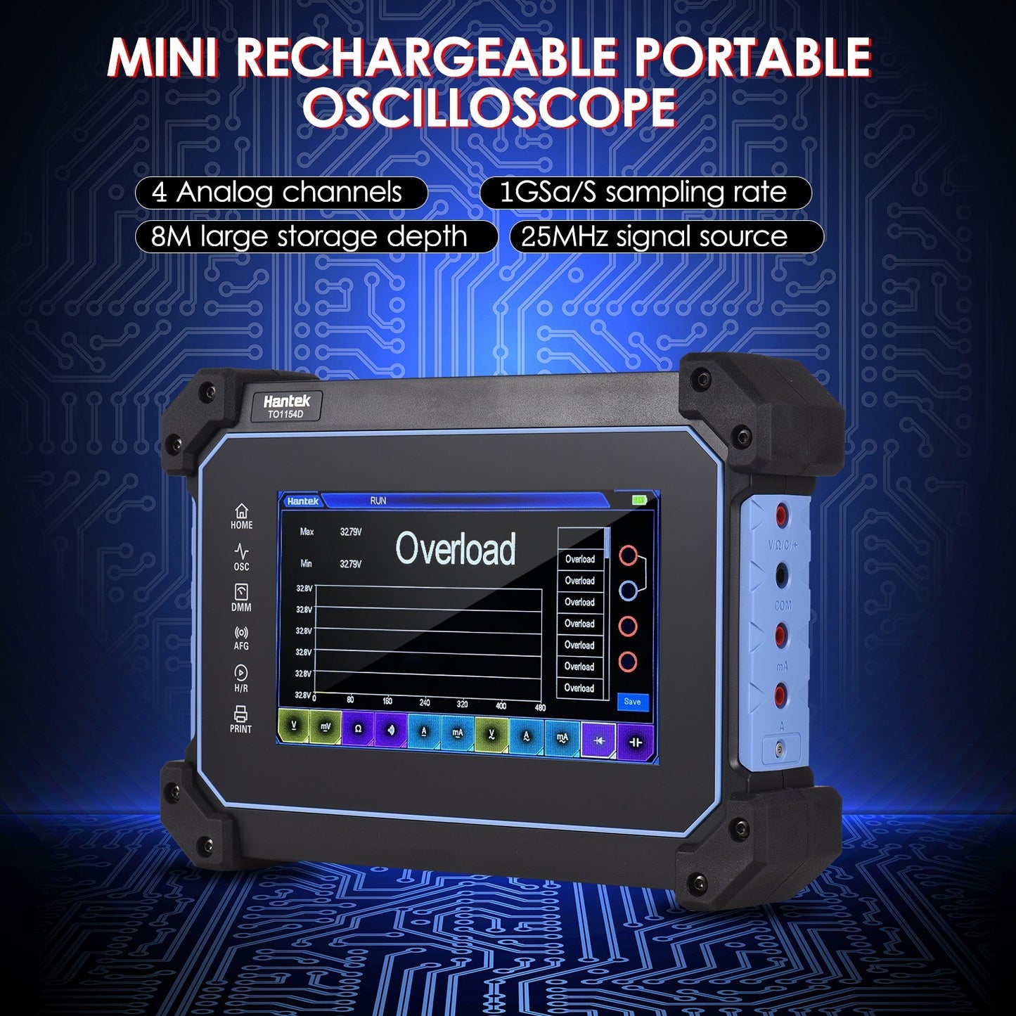 Hantek TO1112 / TO1112C / TO1112D / TO1154D / TO1204D / TO1254D Portable 4-Channel Oscilloscope Multimeter with Signal Generator &amp; Tool Bag, 7" TFT LCD, 1GSa/s, 8M Memory