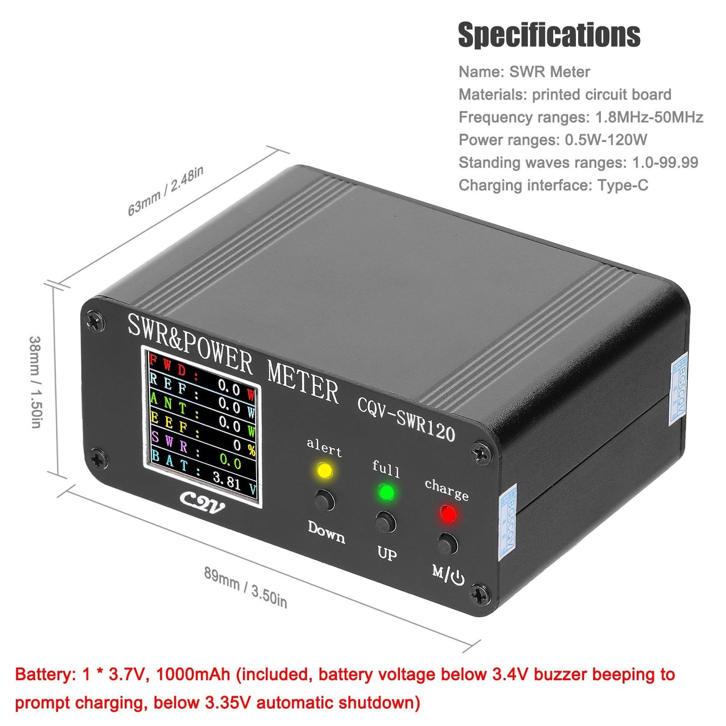 Digital LCD SWR Meter 1.8MHz-54MHz, 240x240 Display, 0.5-120W Power Watt Analyzer
