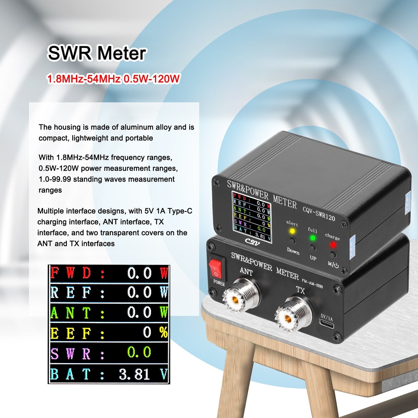 Digital LCD SWR Meter 1.8MHz-54MHz, 240x240 Display, 0.5-120W Power Watt Analyzer