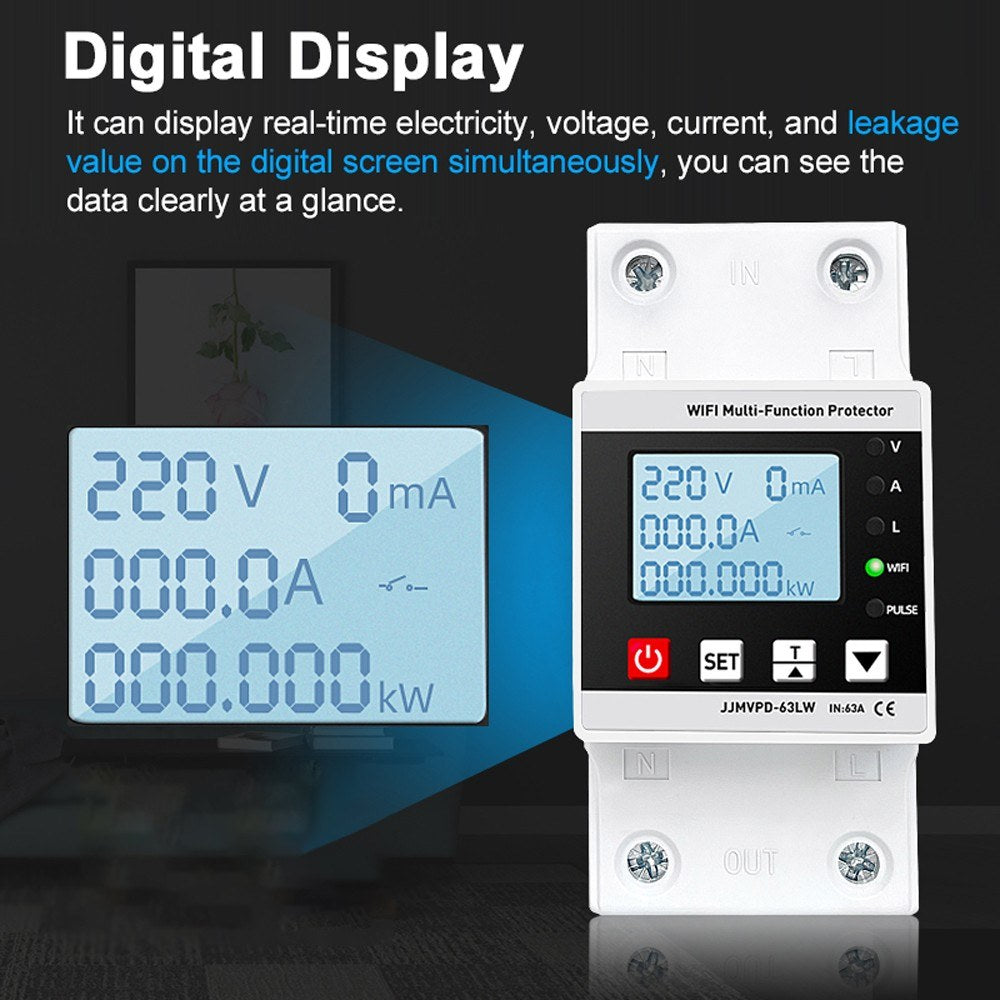 Adjustable Multifunctional Electric Protector with LCD Display - Voltage, Current & Leakage Protection