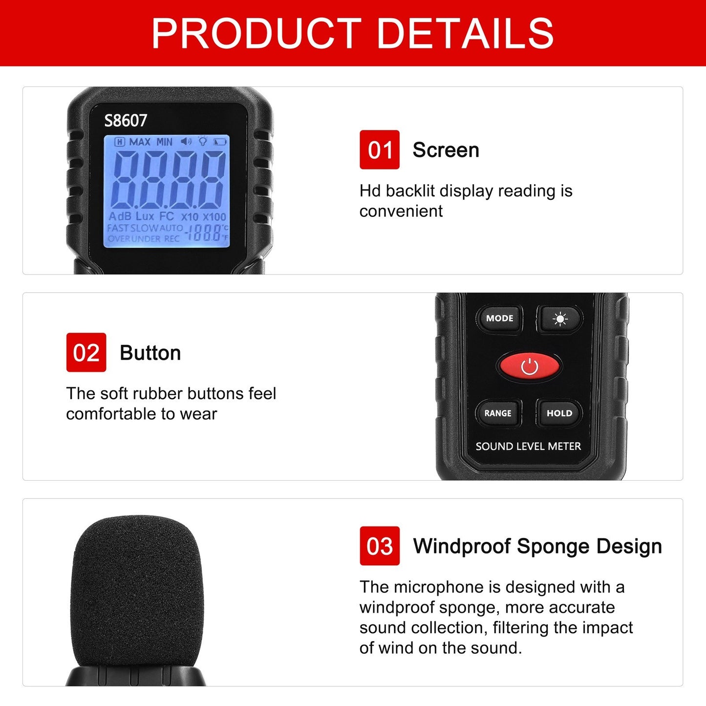 High Accuracy Mini Sound Level Meter 30-130dB A-weighted Digital Noise Detector with Backlit Display