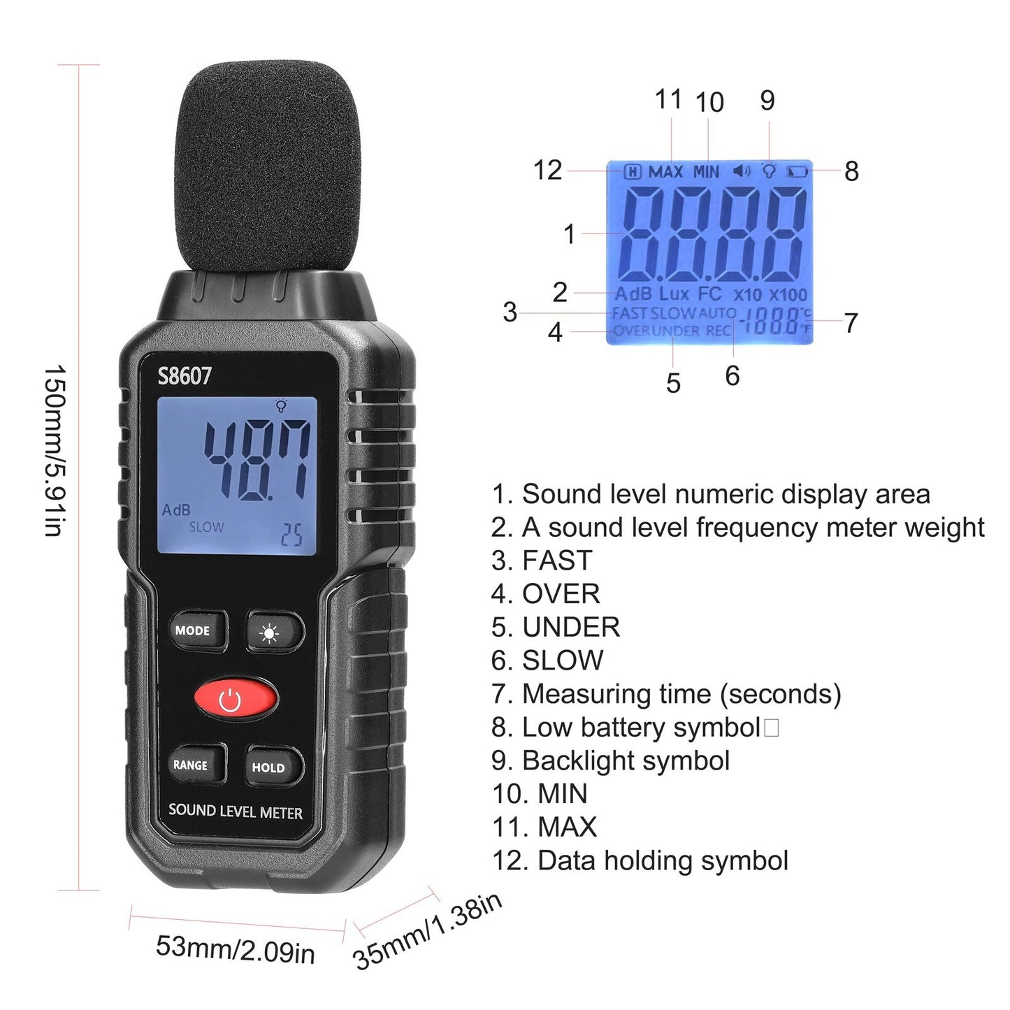 High Accuracy Mini Sound Level Meter 30-130dB A-weighted Digital Noise Detector with Backlit Display