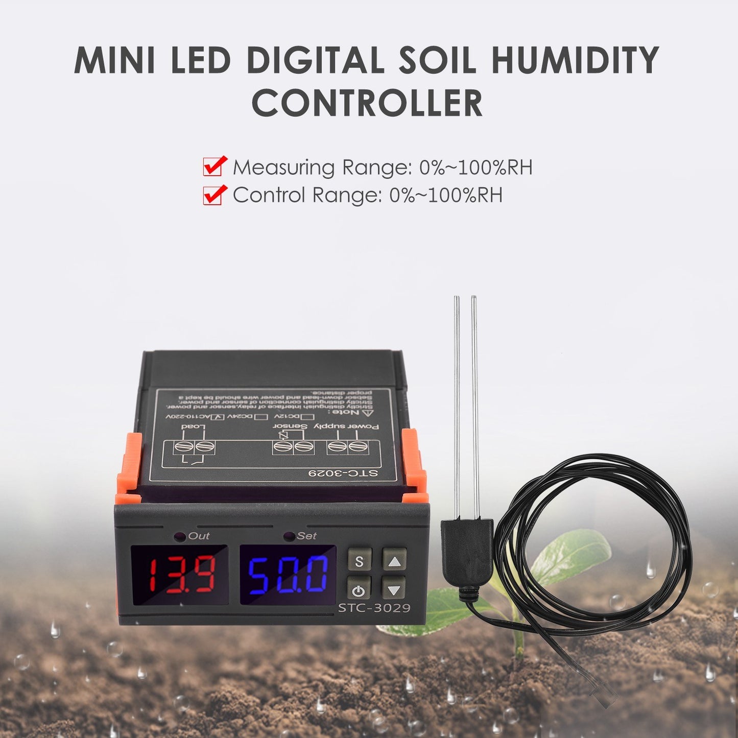 Mini LED Digital Soil Humidity Controller with 1M Sensor Probe, AC110V-220V, 10A, 0%-100%RH Range