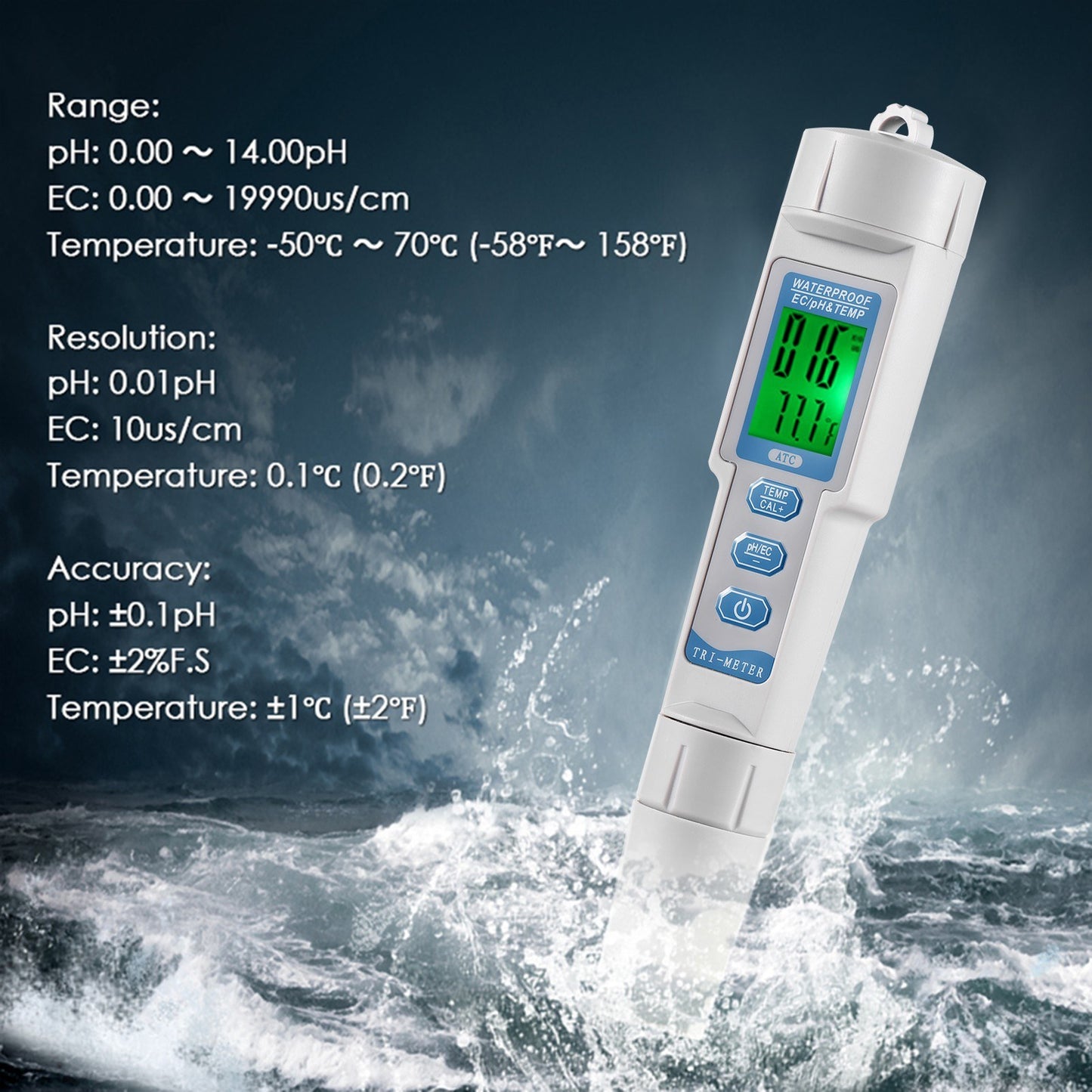 Portable 3-in-1 Water Quality Tester: pH, EC, & Temperature Meter Analyzer