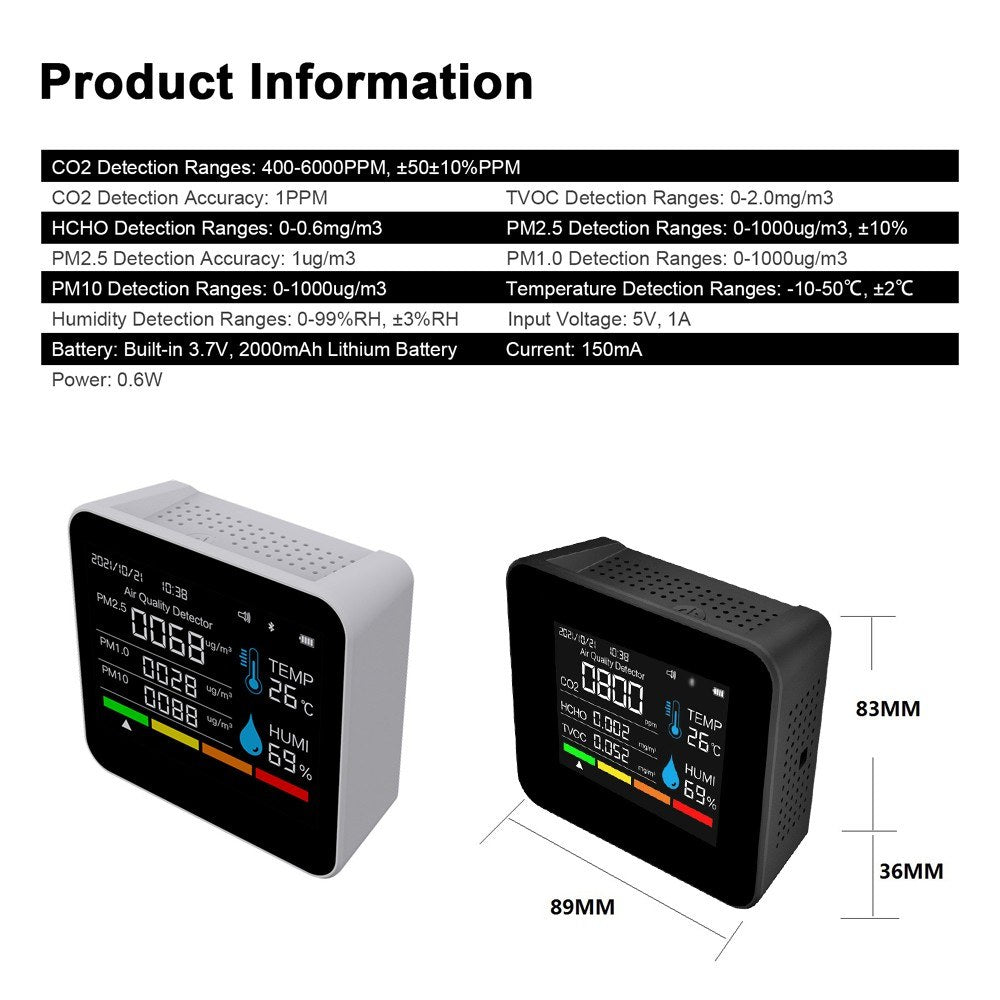 9-in-1 Air Quality Monitor with CO2 & PM Detection, APP Control & Alarm Function for Home, Office & Car