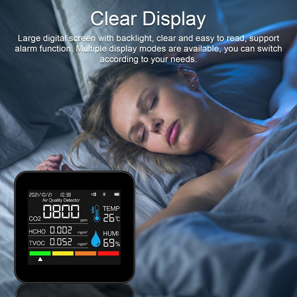 9-in-1 Air Quality Monitor with CO2 & PM Detection, APP Control & Alarm Function for Home, Office & Car