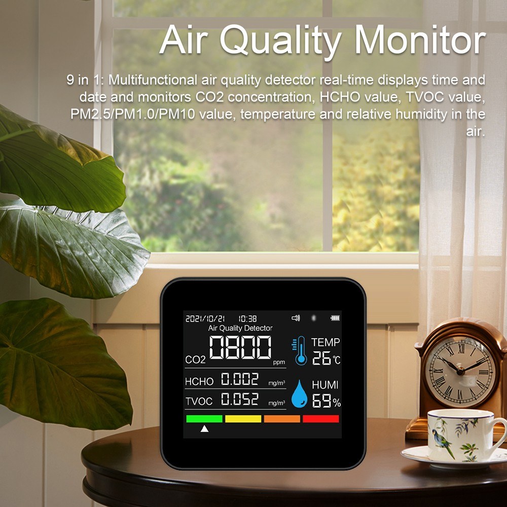 9-in-1 Air Quality Monitor with CO2 & PM Detection, APP Control & Alarm Function for Home, Office & Car