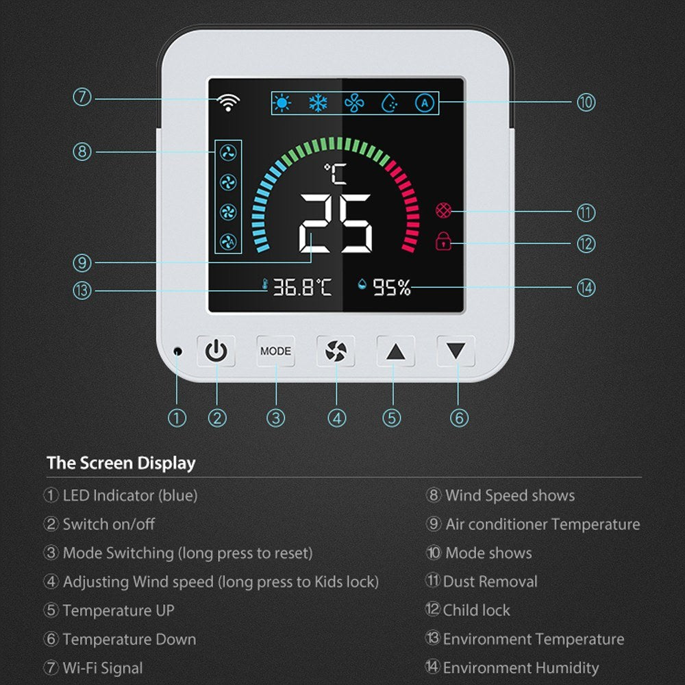 Tuya Smart WiFi Temperature & Humidity Controller with Infrared, USB Power, LCD Backlit Display & APP Remote Control for Home & Bedroom