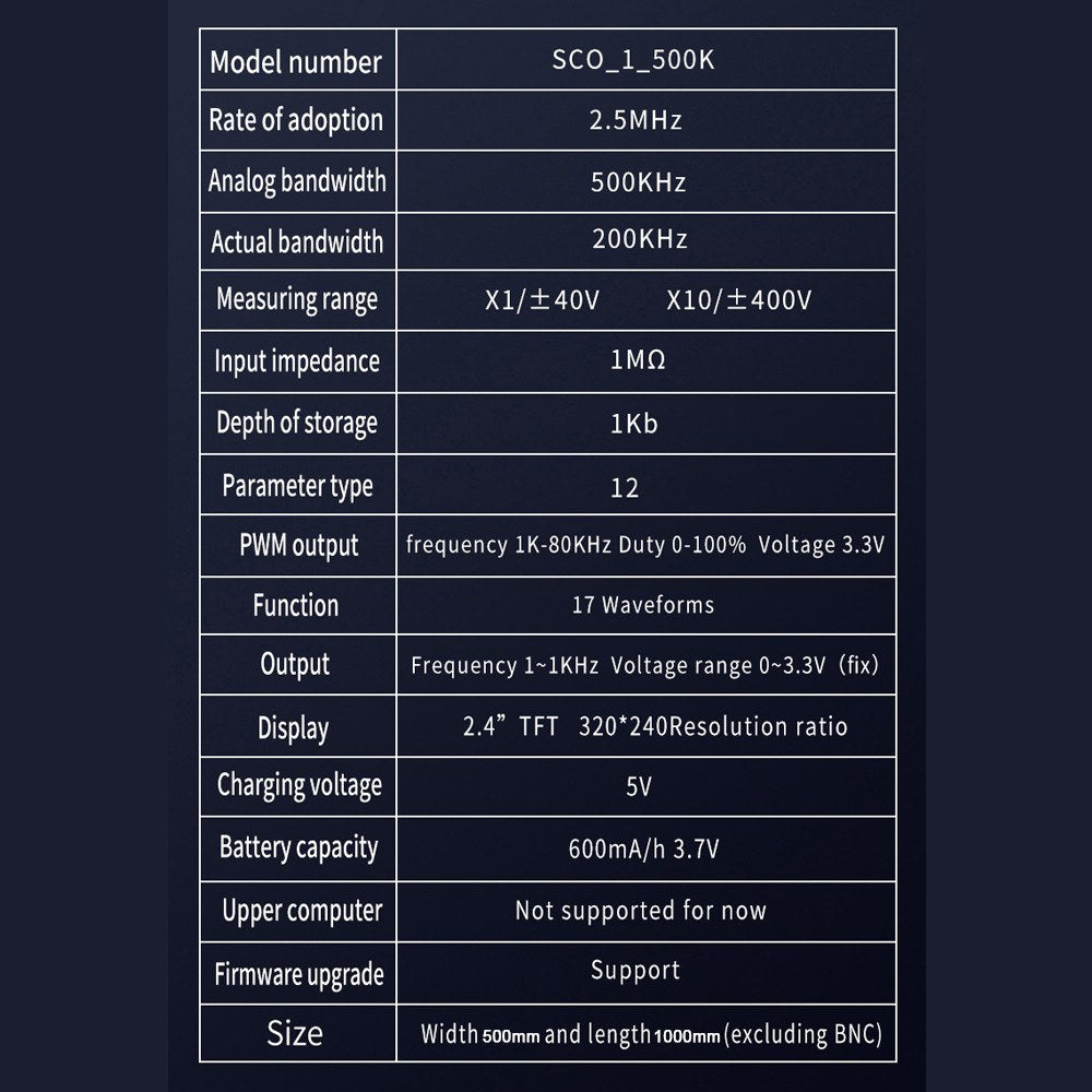 Portable Handheld Oscilloscope - 2.4 TFT Display, 320x240 Resolution, 2.5MHz Sample Rate, 500KHz Bandwidth