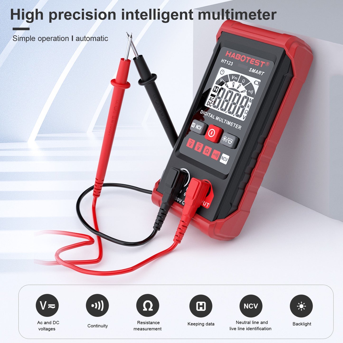 HT123 Digital Multimeter - Auto Range, 2000 Counts True RMS, AC/DC Voltage, Resistance, NCV Test, LCD Backlight, Flashlight, Data Hold