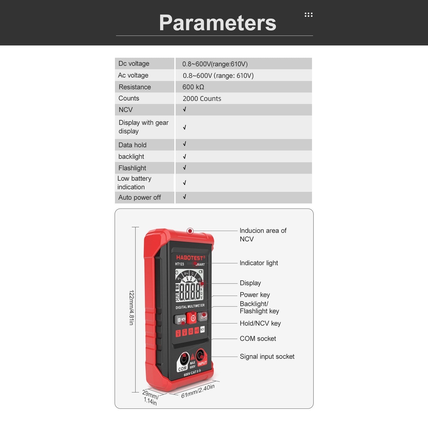 HT123 Digital Multimeter - Auto Range, 2000 Counts True RMS, AC/DC Voltage, Resistance, NCV Test, LCD Backlight, Flashlight, Data Hold