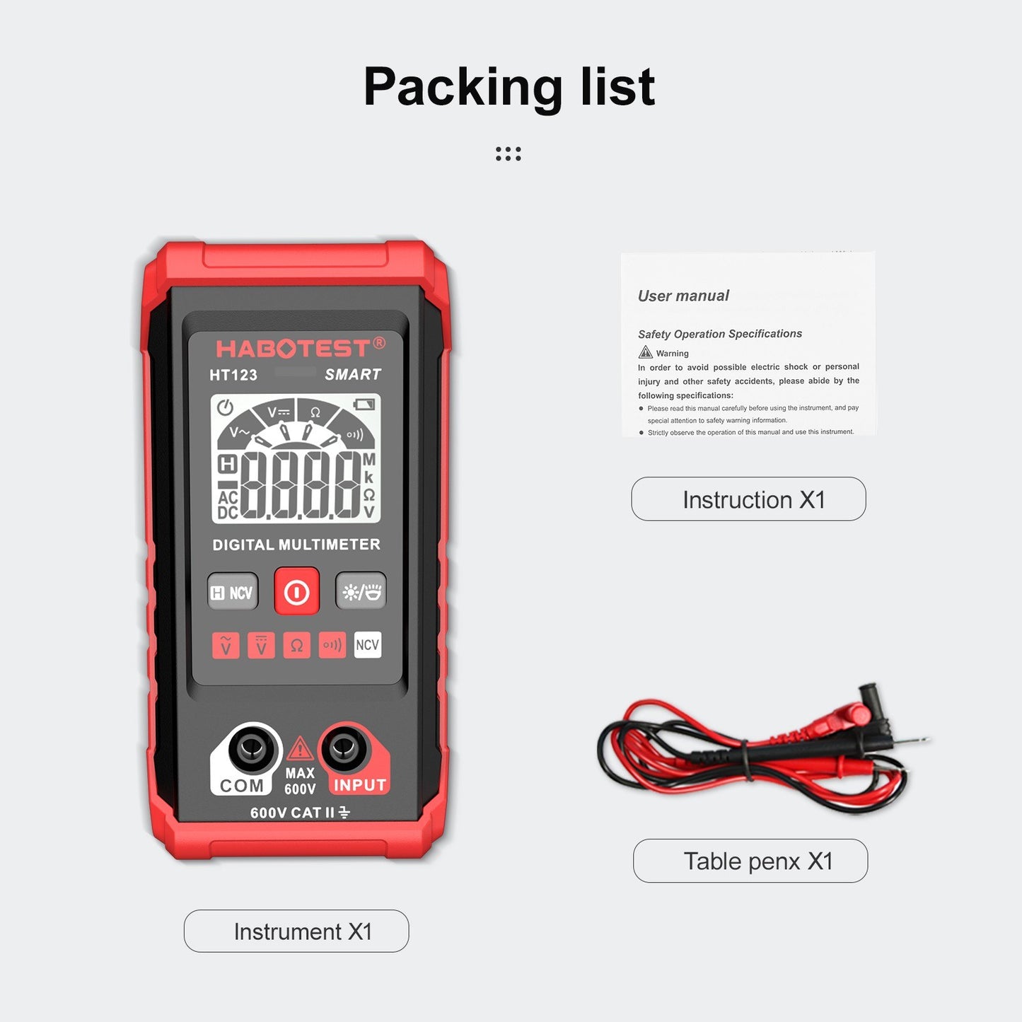HT123 Digital Multimeter - Auto Range, 2000 Counts True RMS, AC/DC Voltage, Resistance, NCV Test, LCD Backlight, Flashlight, Data Hold