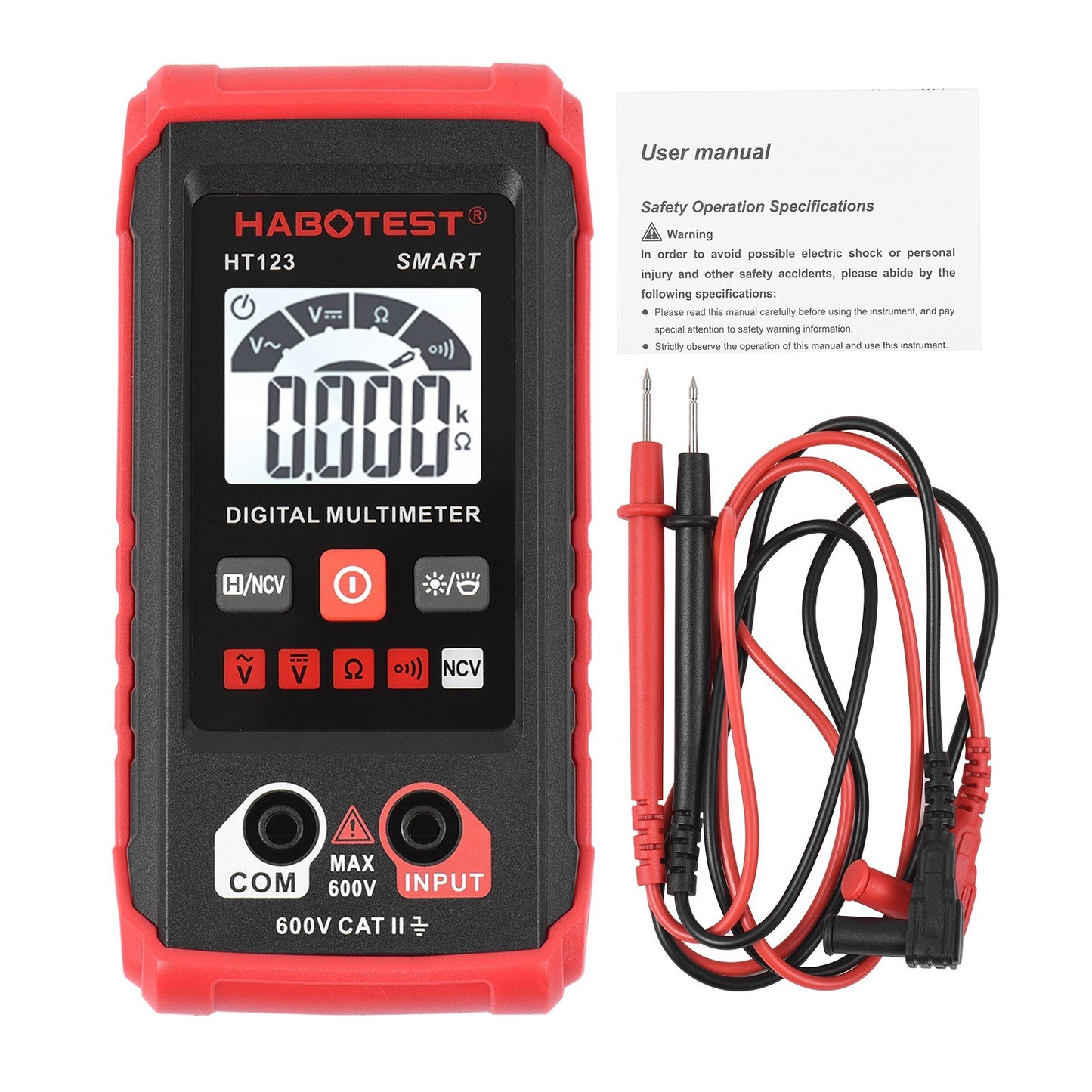 HT123 Digital Multimeter - Auto Range, 2000 Counts True RMS, AC/DC Voltage, Resistance, NCV Test, LCD Backlight, Flashlight, Data Hold