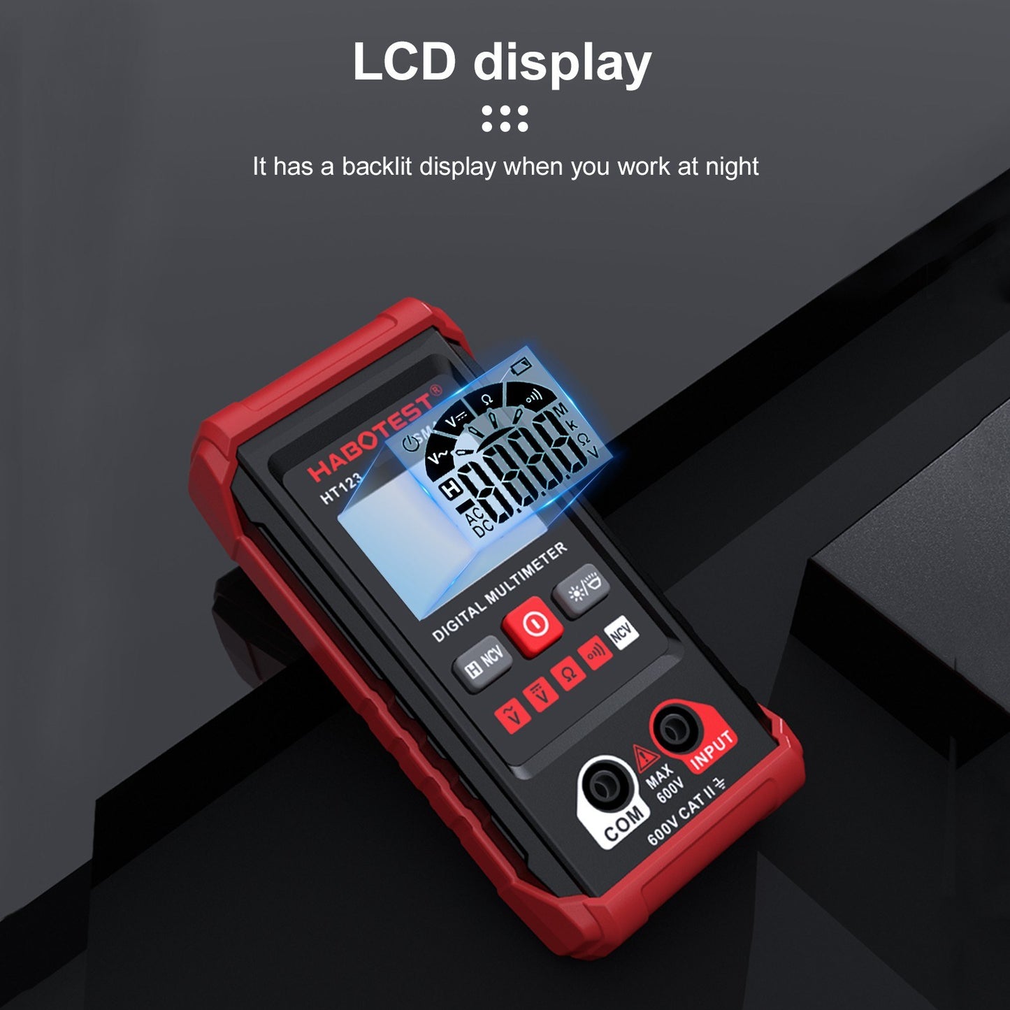 HT123 Digital Multimeter - Auto Range, 2000 Counts True RMS, AC/DC Voltage, Resistance, NCV Test, LCD Backlight, Flashlight, Data Hold