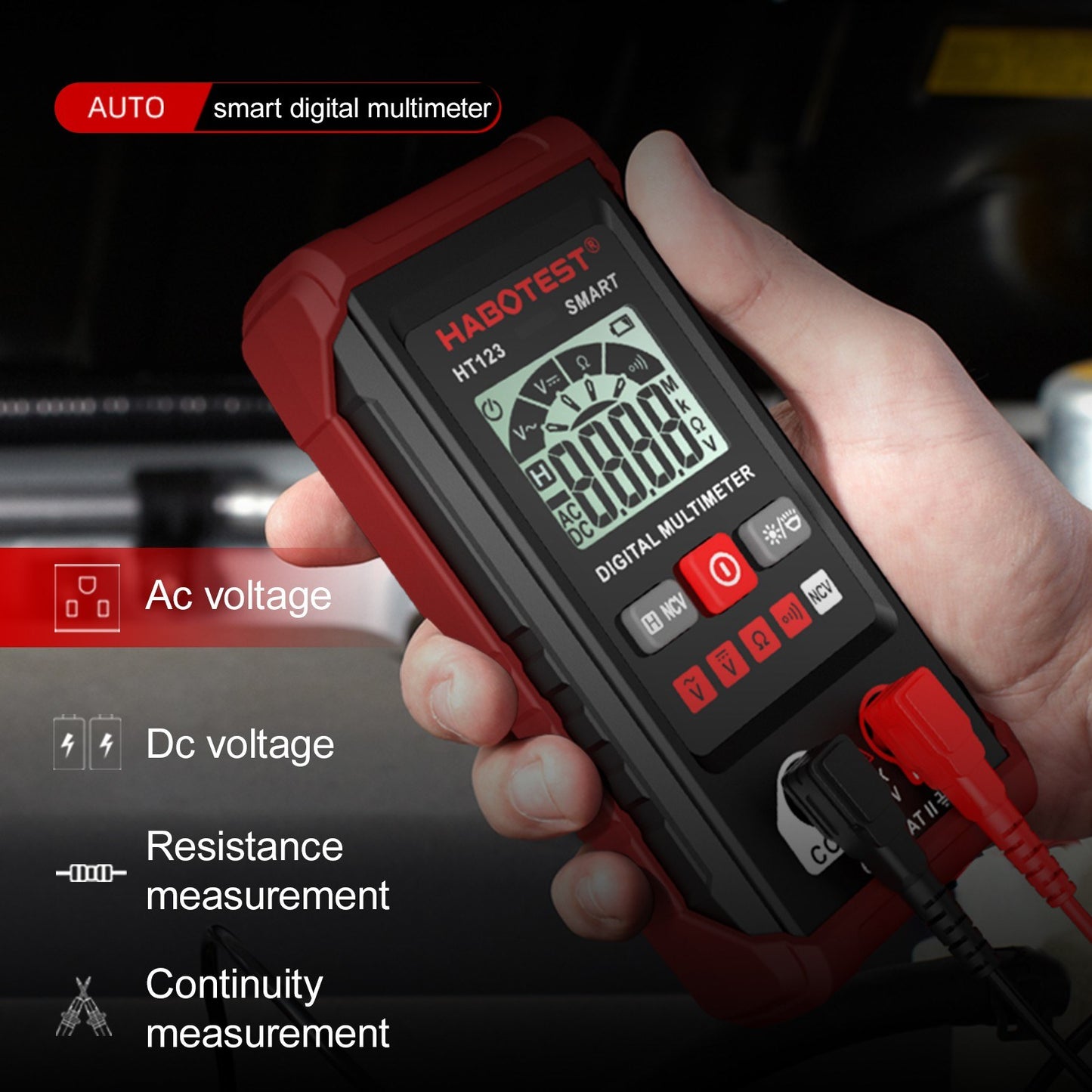 HT123 Digital Multimeter - Auto Range, 2000 Counts True RMS, AC/DC Voltage, Resistance, NCV Test, LCD Backlight, Flashlight, Data Hold