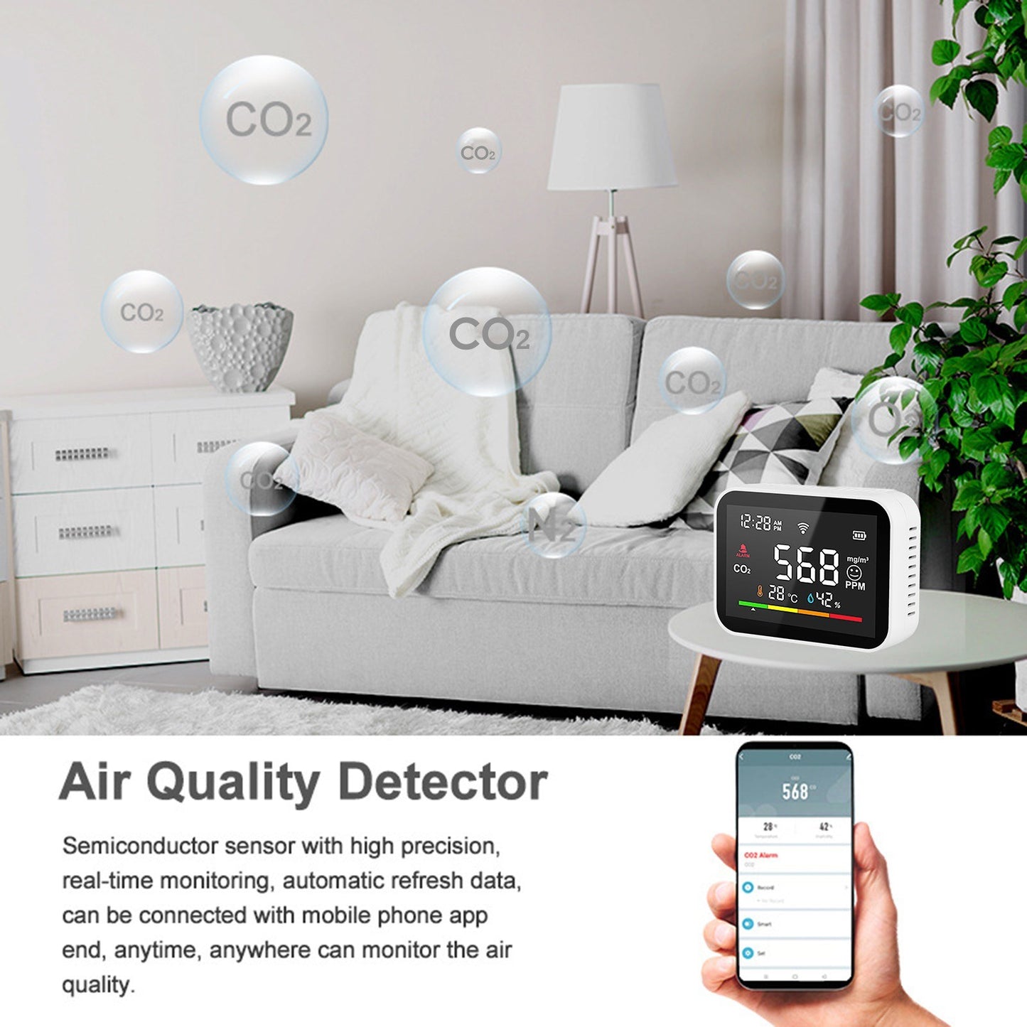Smart WiFi CO2 Detector: Portable Air Quality Monitor with LCD Temp & Humidity Tester, Mobile App Remote Viewing & Intelligent Linkage