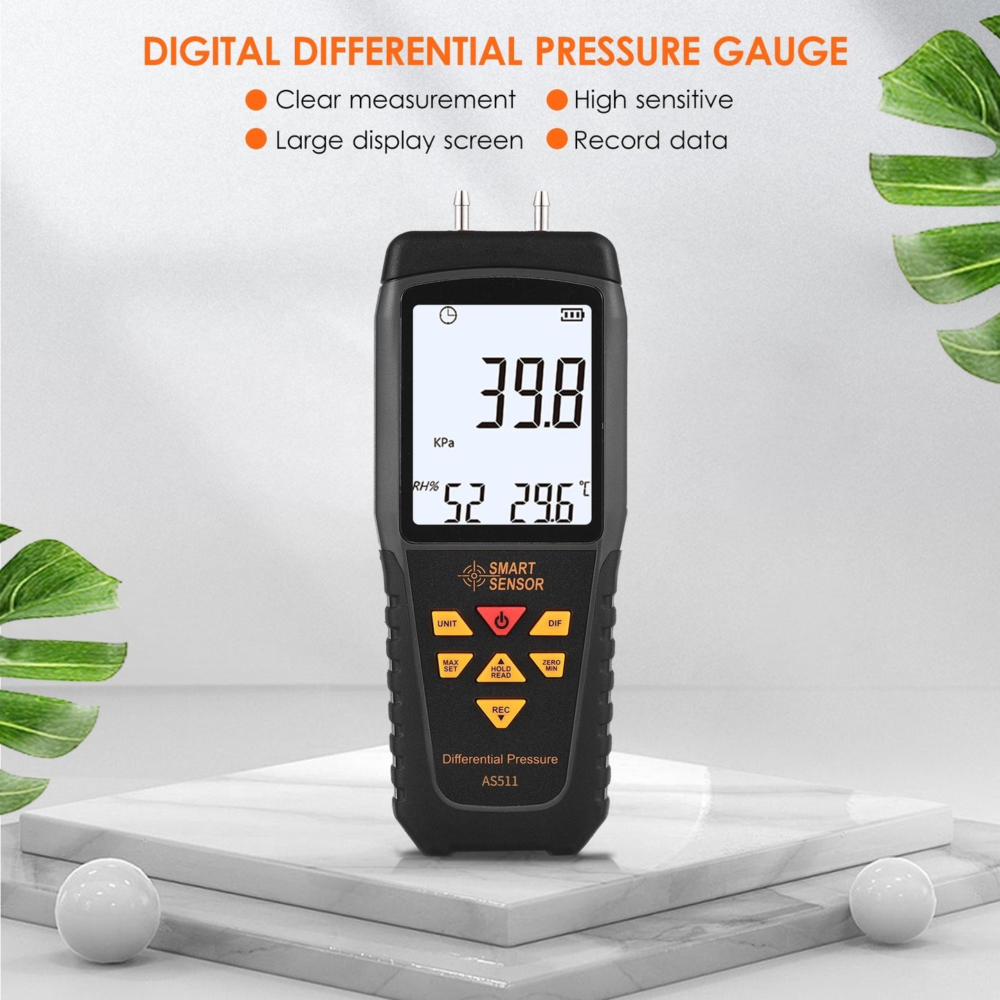 AS511 Digital Differential Pressure Gauge - Dual Port Manometer, Air/Gas Tester -39.98~39.98KPA