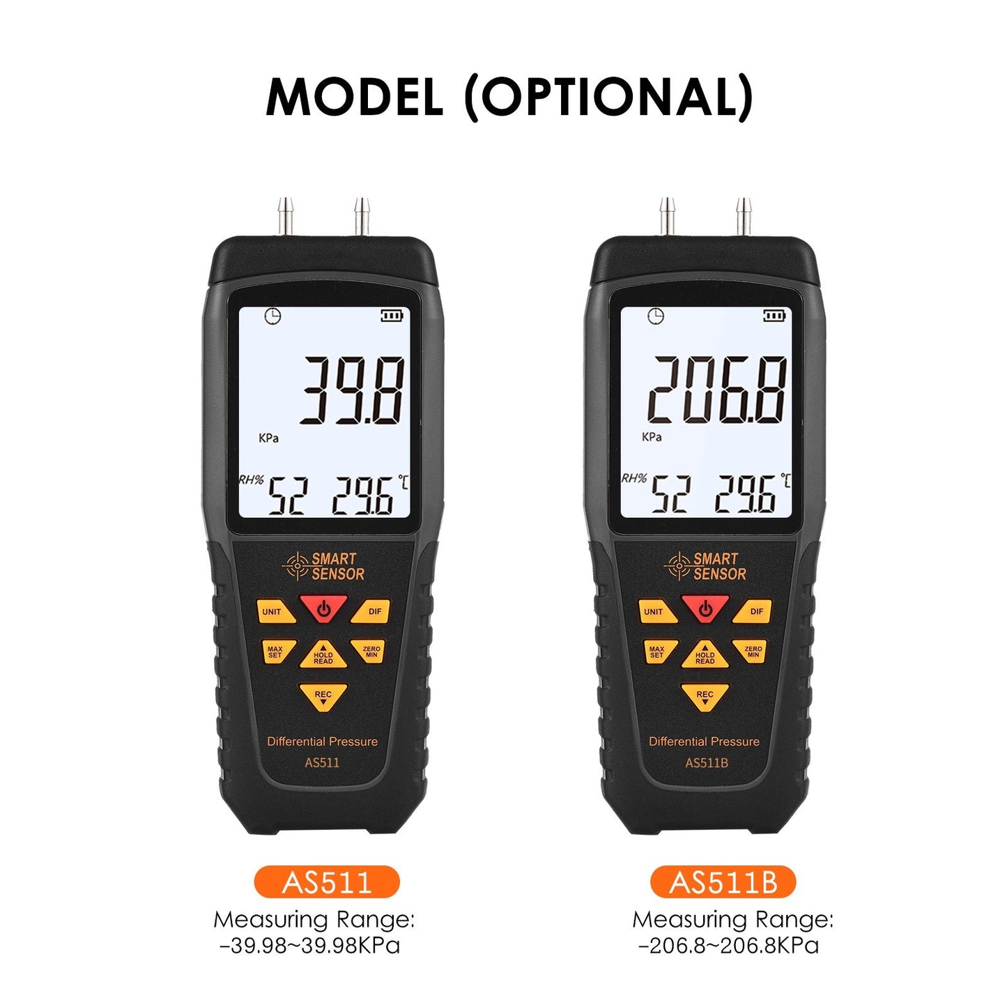AS511 Digital Differential Pressure Gauge - Dual Port Manometer, Air/Gas Tester -39.98~39.98KPA
