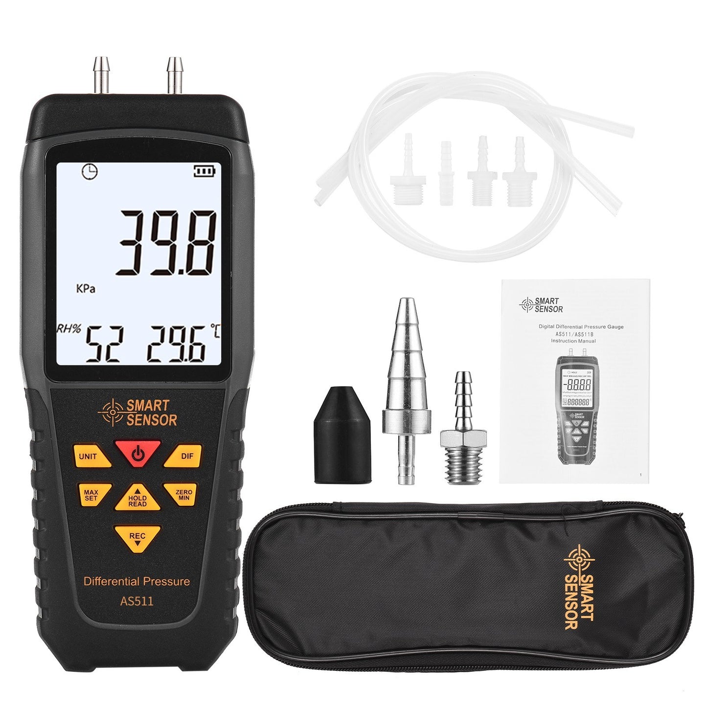 AS511 Digital Differential Pressure Gauge - Dual Port Manometer, Air/Gas Tester -39.98~39.98KPA