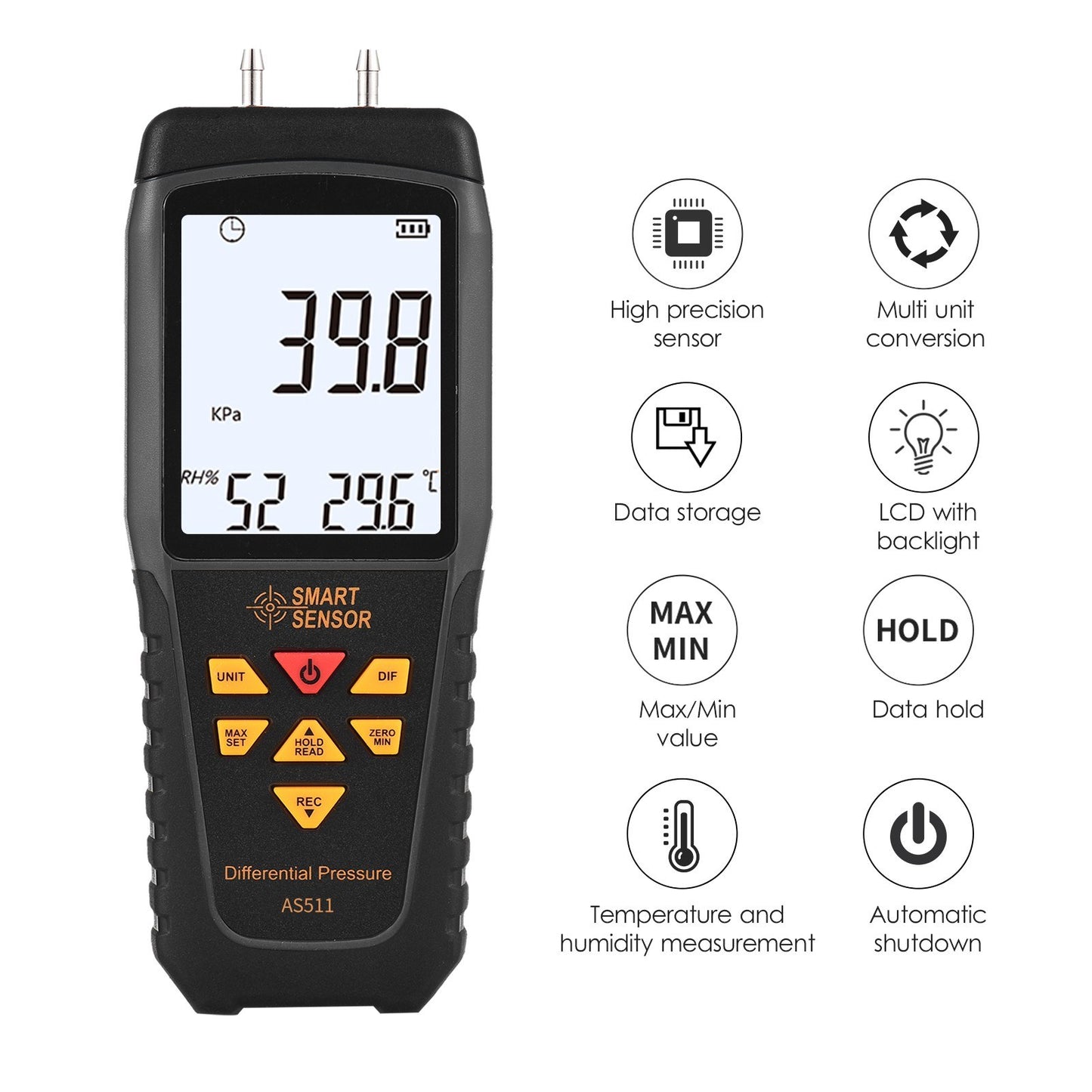 AS511 Digital Differential Pressure Gauge - Dual Port Manometer, Air/Gas Tester -39.98~39.98KPA