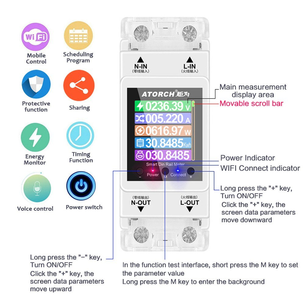 Smart Single-Phase WiFi Electricity Meter with Digital Display & Remote Control, 3 Tariff Modes, DIN Rail Installation, App Integration, and Alarm Notification.
