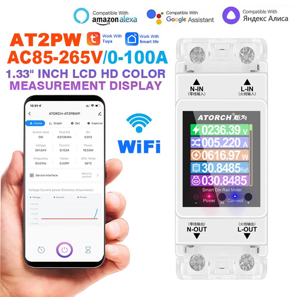 Smart Single-Phase WiFi Electricity Meter with Digital Display & Remote Control, 3 Tariff Modes, DIN Rail Installation, App Integration, and Alarm Notification.