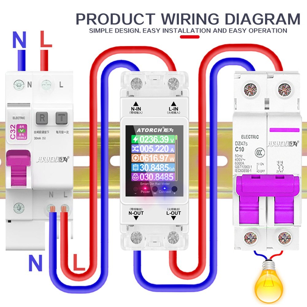 Smart Single-Phase WiFi Electricity Meter with Digital Display & Remote Control, 3 Tariff Modes, DIN Rail Installation, App Integration, and Alarm Notification.