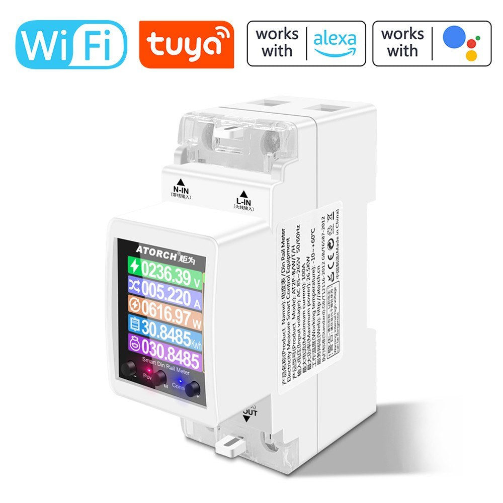 Smart Single-Phase WiFi Electricity Meter with Digital Display & Remote Control, 3 Tariff Modes, DIN Rail Installation, App Integration, and Alarm Notification.