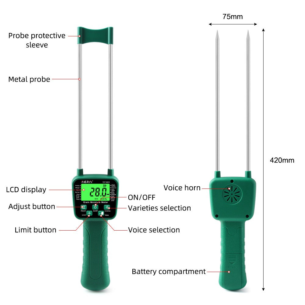 High Sensitivity Digital Grain Moisture Meter: Cereal Hygrometer with Voice Alarm & Metal Probe for Corn, Rice, Wheat, Bean