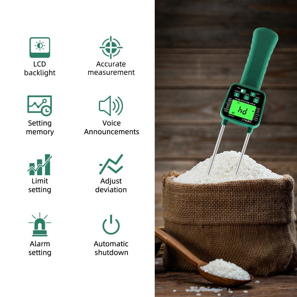 High Sensitivity Digital Grain Moisture Meter: Cereal Hygrometer with Voice Alarm & Metal Probe for Corn, Rice, Wheat, Bean