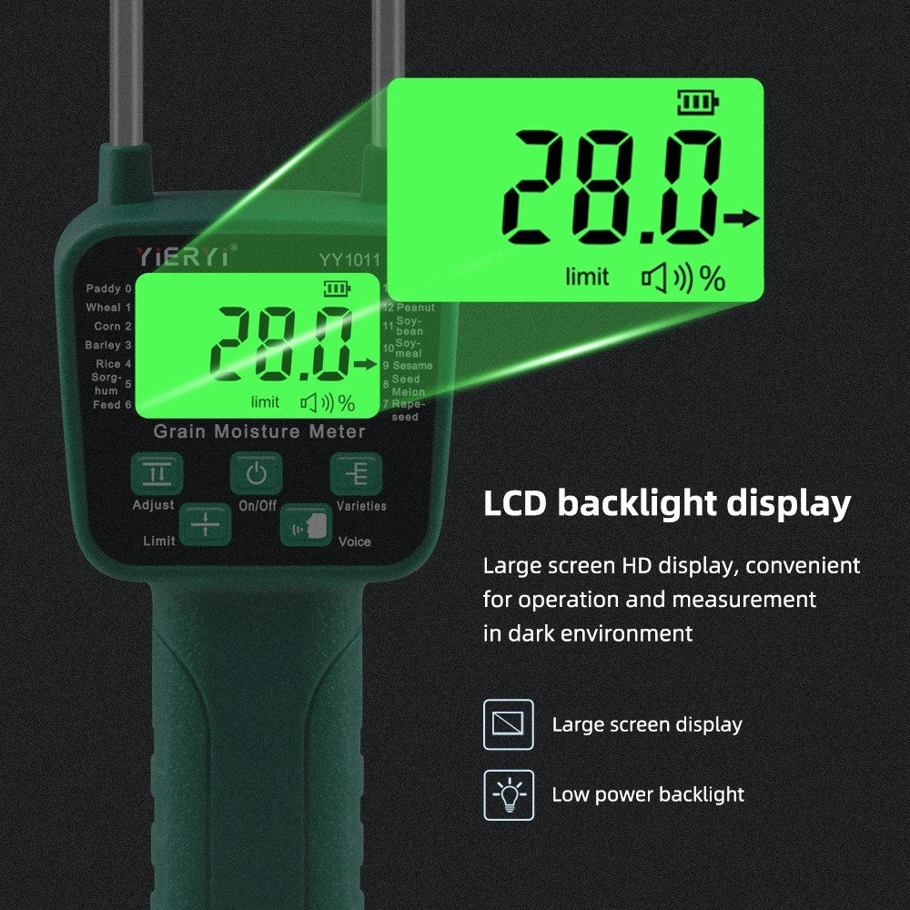 High Sensitivity Digital Grain Moisture Meter: Cereal Hygrometer with Voice Alarm & Metal Probe for Corn, Rice, Wheat, Bean
