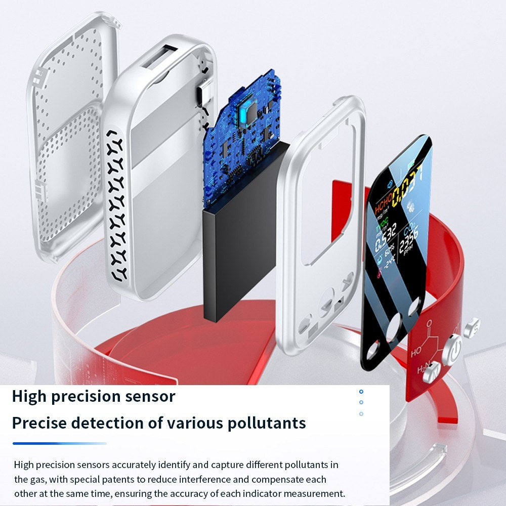 Multifunction Air Quality Monitor with 1.9-inch Color Display, High Sensitivity Sensors, and Type-C Interface - Detects HCHO, TVOC, CO2, Temperature & Humidity