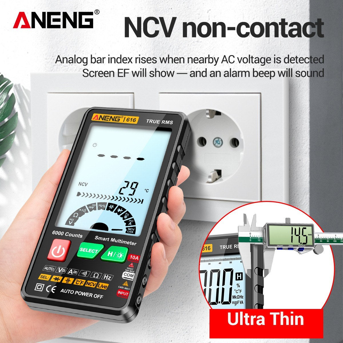 Smart Digital Multimeter - ANENG 616, 6,000 Counts, True RMS, Auto Range, NCV, Handheld Tester with Backlight & Flashlight, Measures Voltage, Current, Resistance, Capacitance, Frequency