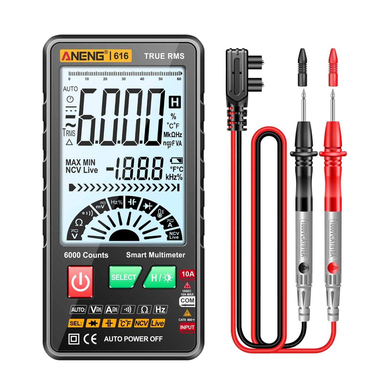 Smart Digital Multimeter - ANENG 616, 6,000 Counts, True RMS, Auto Range, NCV, Handheld Tester with Backlight & Flashlight, Measures Voltage, Current, Resistance, Capacitance, Frequency