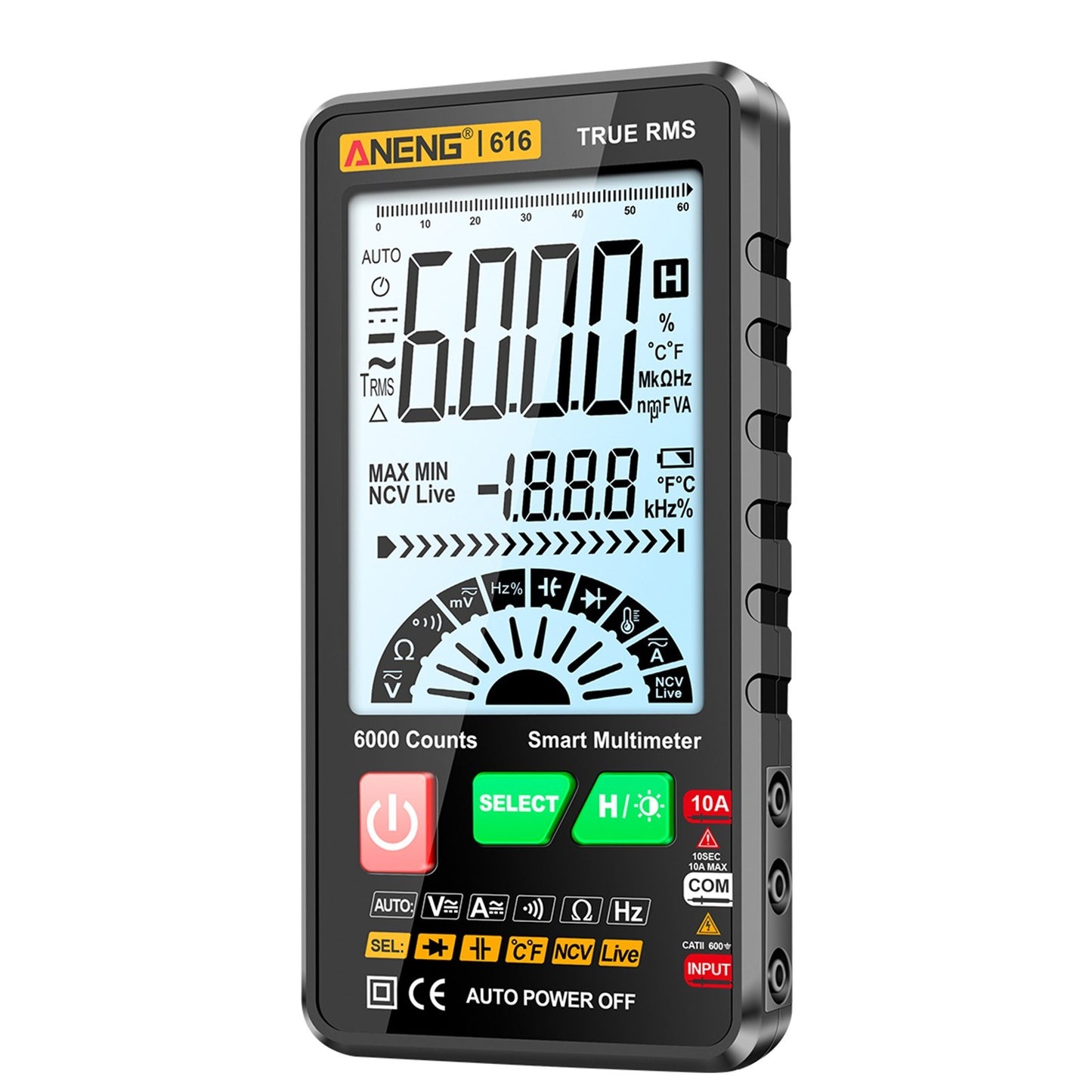 Smart Digital Multimeter - ANENG 616, 6,000 Counts, True RMS, Auto Range, NCV, Handheld Tester with Backlight & Flashlight, Measures Voltage, Current, Resistance, Capacitance, Frequency