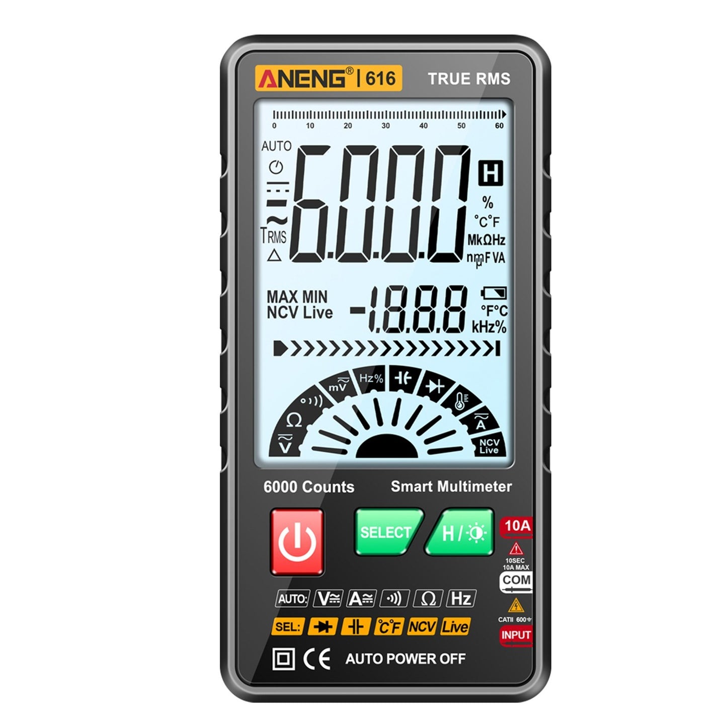 Smart Digital Multimeter - ANENG 616, 6,000 Counts, True RMS, Auto Range, NCV, Handheld Tester with Backlight & Flashlight, Measures Voltage, Current, Resistance, Capacitance, Frequency