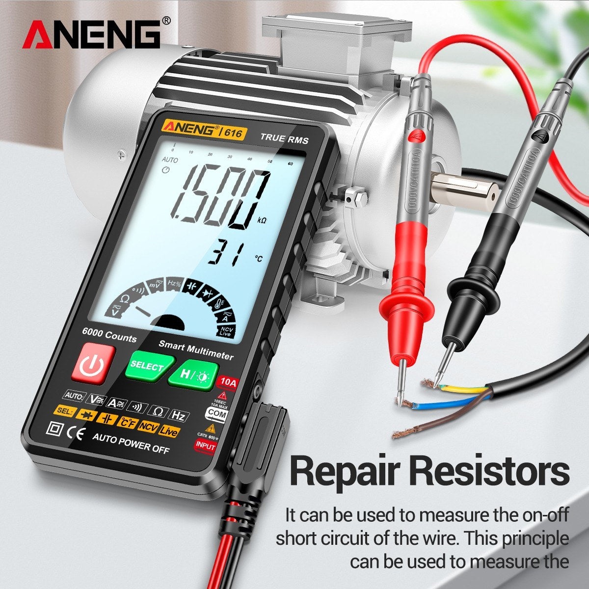 Smart Digital Multimeter - ANENG 616, 6,000 Counts, True RMS, Auto Range, NCV, Handheld Tester with Backlight & Flashlight, Measures Voltage, Current, Resistance, Capacitance, Frequency