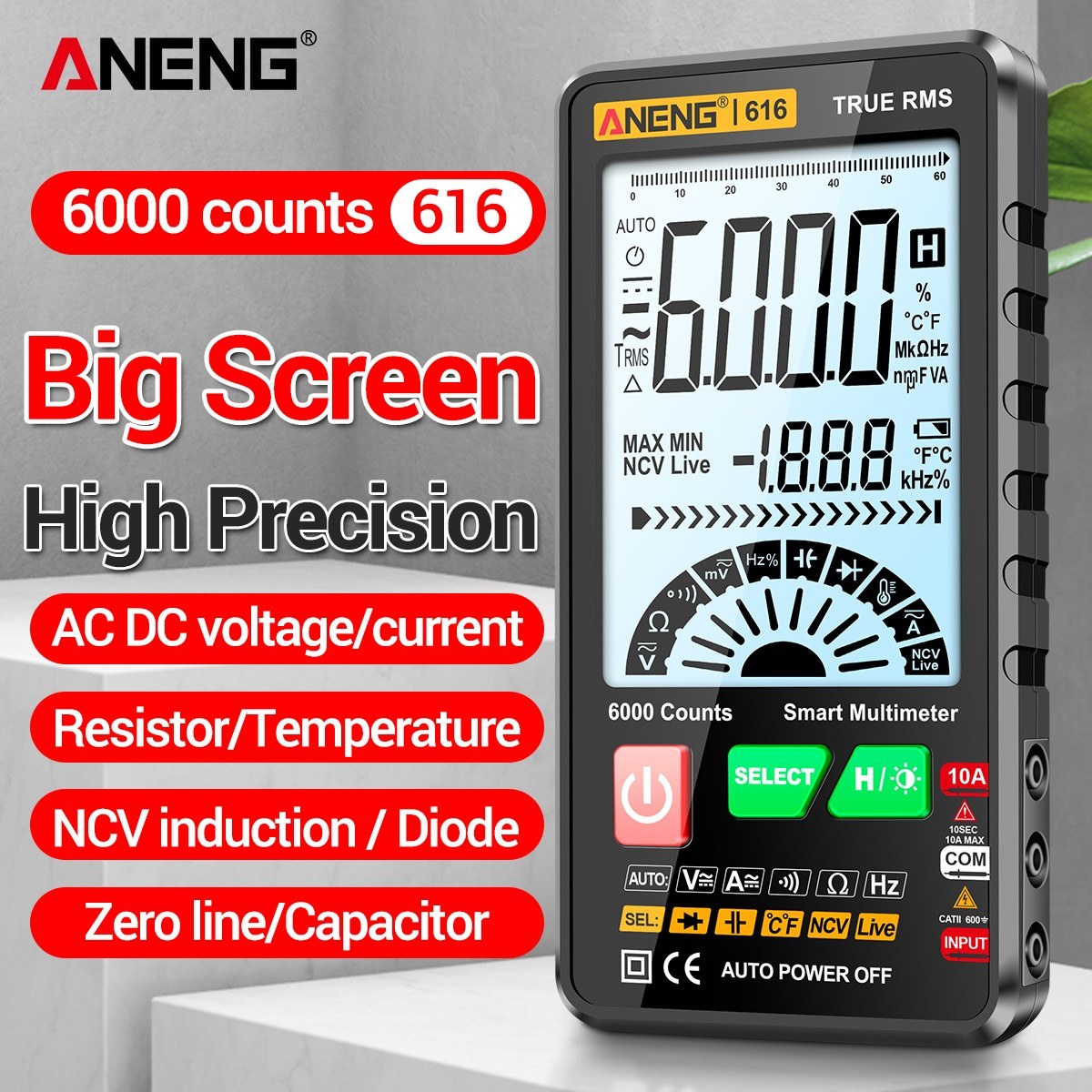 Smart Digital Multimeter - ANENG 616, 6,000 Counts, True RMS, Auto Range, NCV, Handheld Tester with Backlight & Flashlight, Measures Voltage, Current, Resistance, Capacitance, Frequency