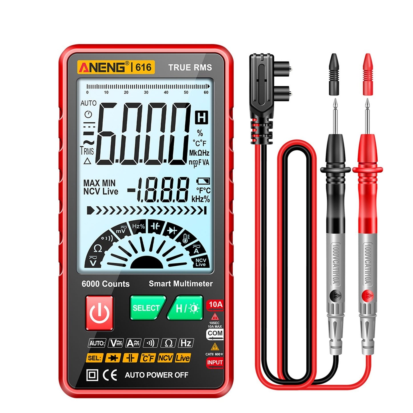 Smart Digital Multimeter - ANENG 616, 6,000 Counts, True RMS, Auto Range, NCV, Handheld Tester with Backlight & Flashlight, Measures Voltage, Current, Resistance, Capacitance, Frequency