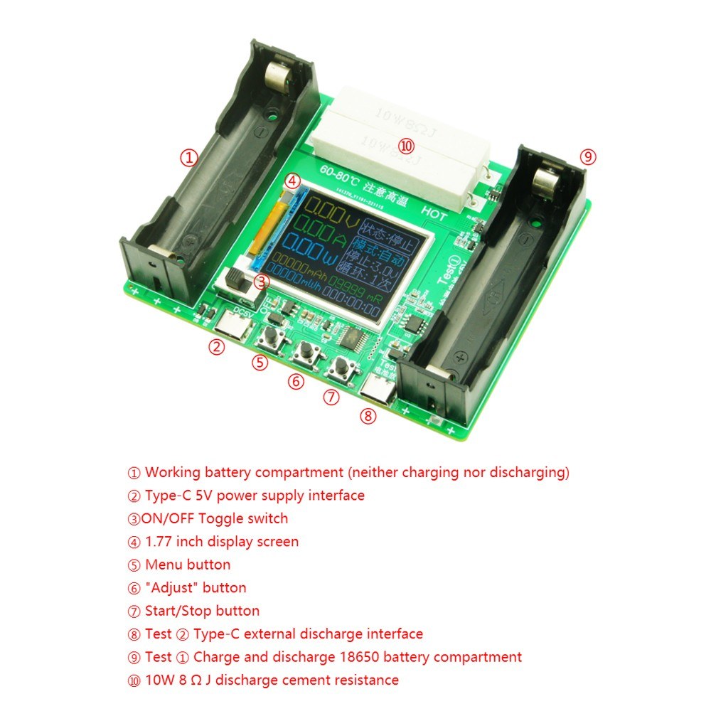 18650 Battery Capacity Tester with 1.77 Display, Internal Resistance Measurement, Type-C, Capacity Division, Cycling Function