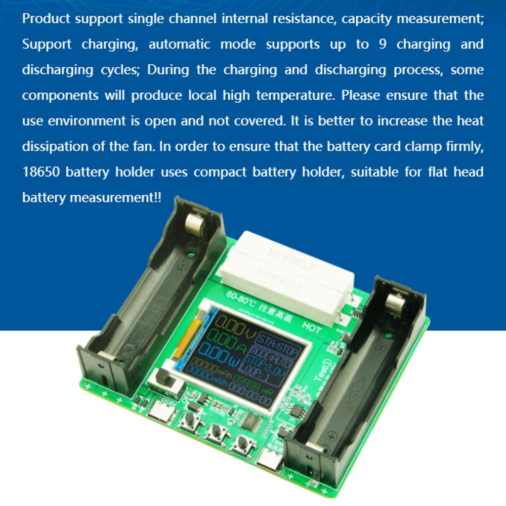 18650 Battery Capacity Tester with 1.77 Display, Internal Resistance Measurement, Type-C, Capacity Division, Cycling Function