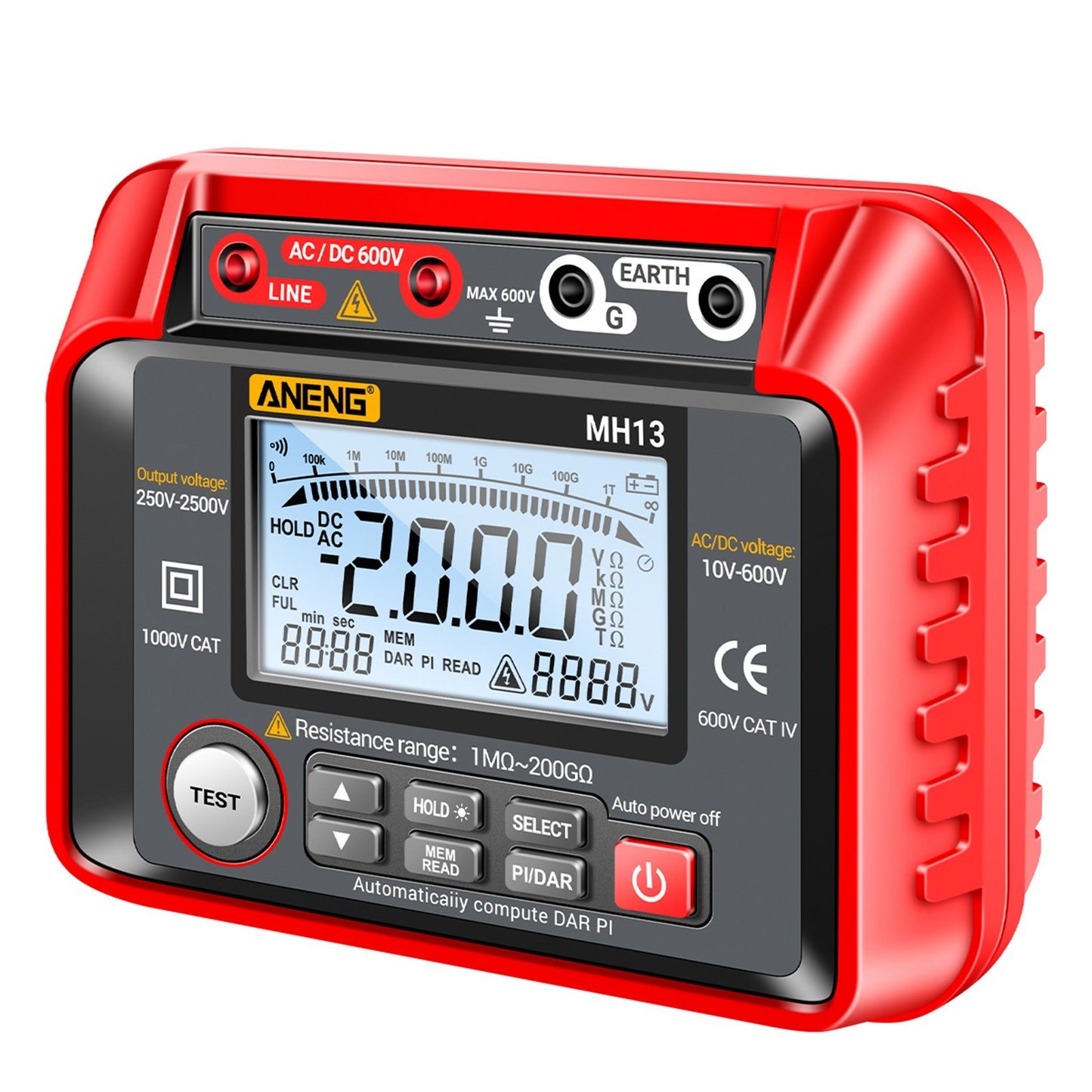 ANENG MH13 Digital Insulation Resistance Tester 250V-2500V, 1MΩ-200GΩ Megohm Meter, Auto Range, 2000 Counts LCD, 10V-600V AC/DC Voltmeter, 100 Data Storage