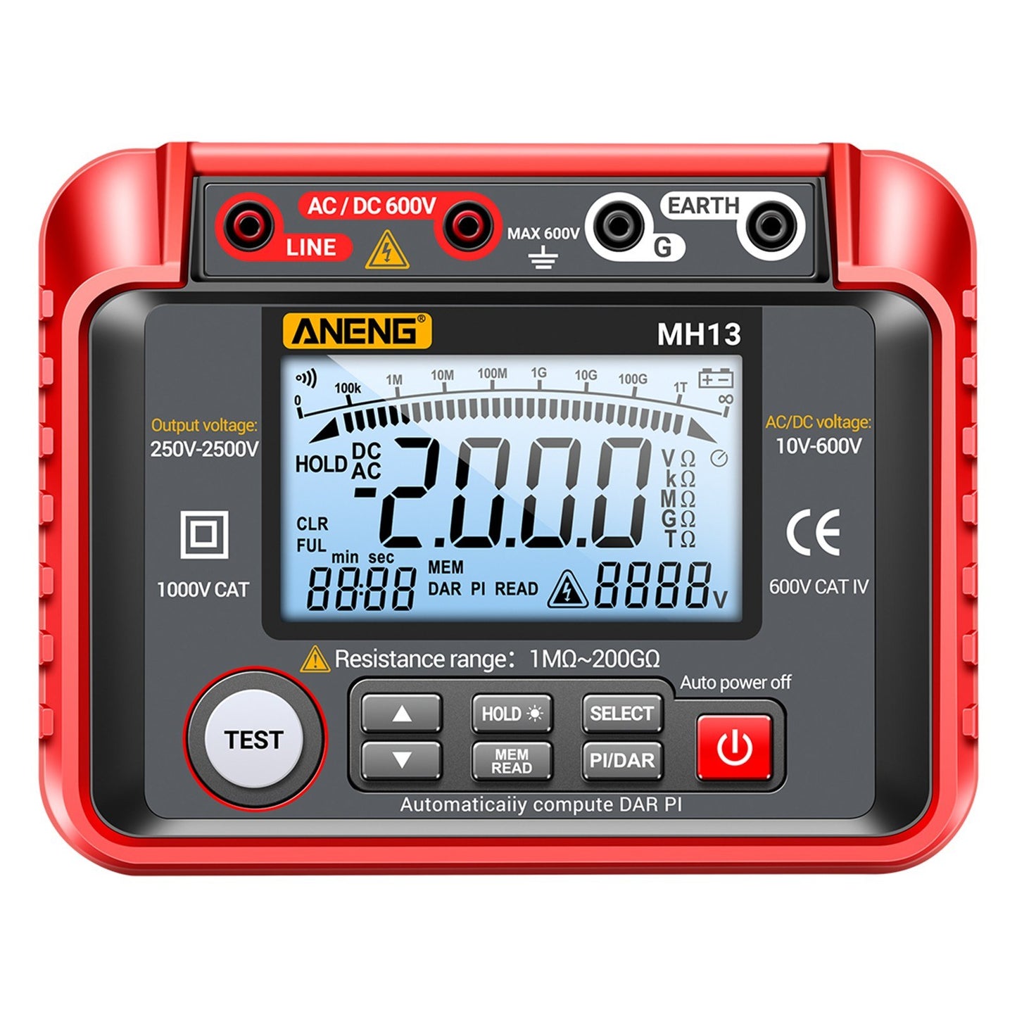 ANENG MH13 Digital Insulation Resistance Tester 250V-2500V, 1MΩ-200GΩ Megohm Meter, Auto Range, 2000 Counts LCD, 10V-600V AC/DC Voltmeter, 100 Data Storage