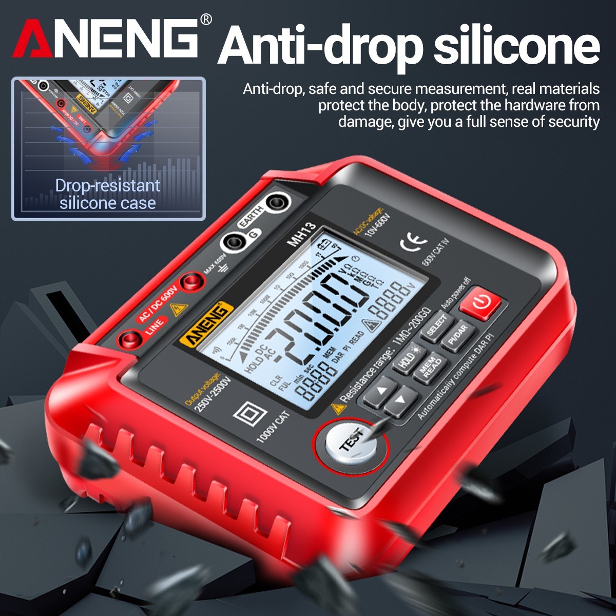 ANENG MH13 Digital Insulation Resistance Tester 250V-2500V, 1MΩ-200GΩ Megohm Meter, Auto Range, 2000 Counts LCD, 10V-600V AC/DC Voltmeter, 100 Data Storage