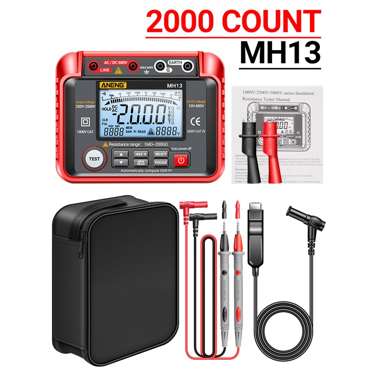 ANENG MH13 Digital Insulation Resistance Tester 250V-2500V, 1MΩ-200GΩ Megohm Meter, Auto Range, 2000 Counts LCD, 10V-600V AC/DC Voltmeter, 100 Data Storage