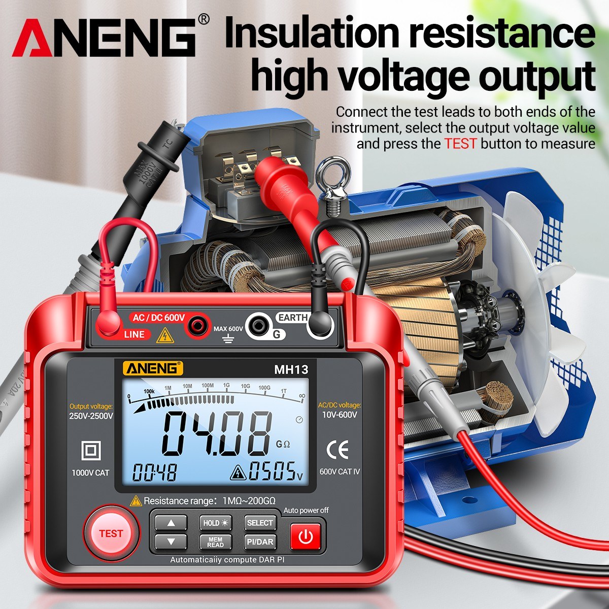 ANENG MH13 Digital Insulation Resistance Tester 250V-2500V, 1MΩ-200GΩ Megohm Meter, Auto Range, 2000 Counts LCD, 10V-600V AC/DC Voltmeter, 100 Data Storage