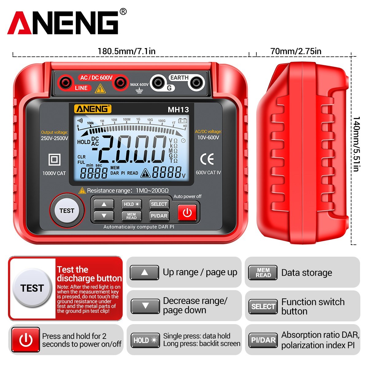 ANENG MH13 Digital Insulation Resistance Tester 250V-2500V, 1MΩ-200GΩ Megohm Meter, Auto Range, 2000 Counts LCD, 10V-600V AC/DC Voltmeter, 100 Data Storage