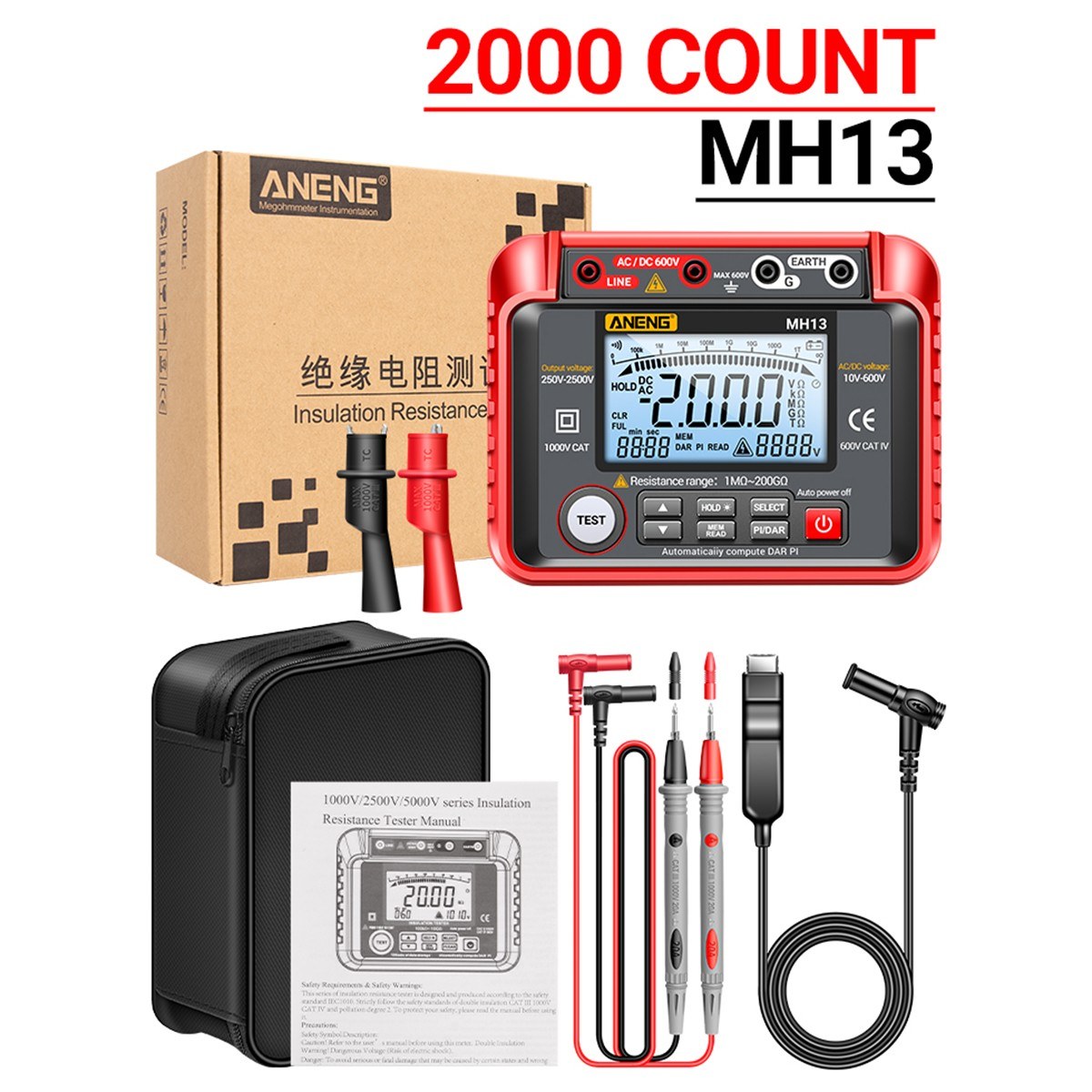 ANENG MH13 Digital Insulation Resistance Tester 250V-2500V, 1MΩ-200GΩ Megohm Meter, Auto Range, 2000 Counts LCD, 10V-600V AC/DC Voltmeter, 100 Data Storage