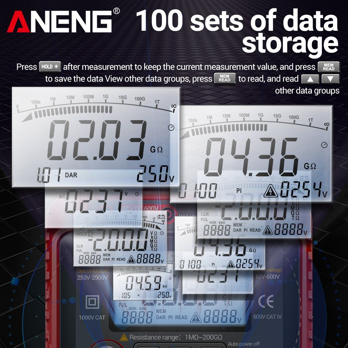 ANENG MH13 Digital Insulation Resistance Tester 250V-2500V, 1MΩ-200GΩ Megohm Meter, Auto Range, 2000 Counts LCD, 10V-600V AC/DC Voltmeter, 100 Data Storage